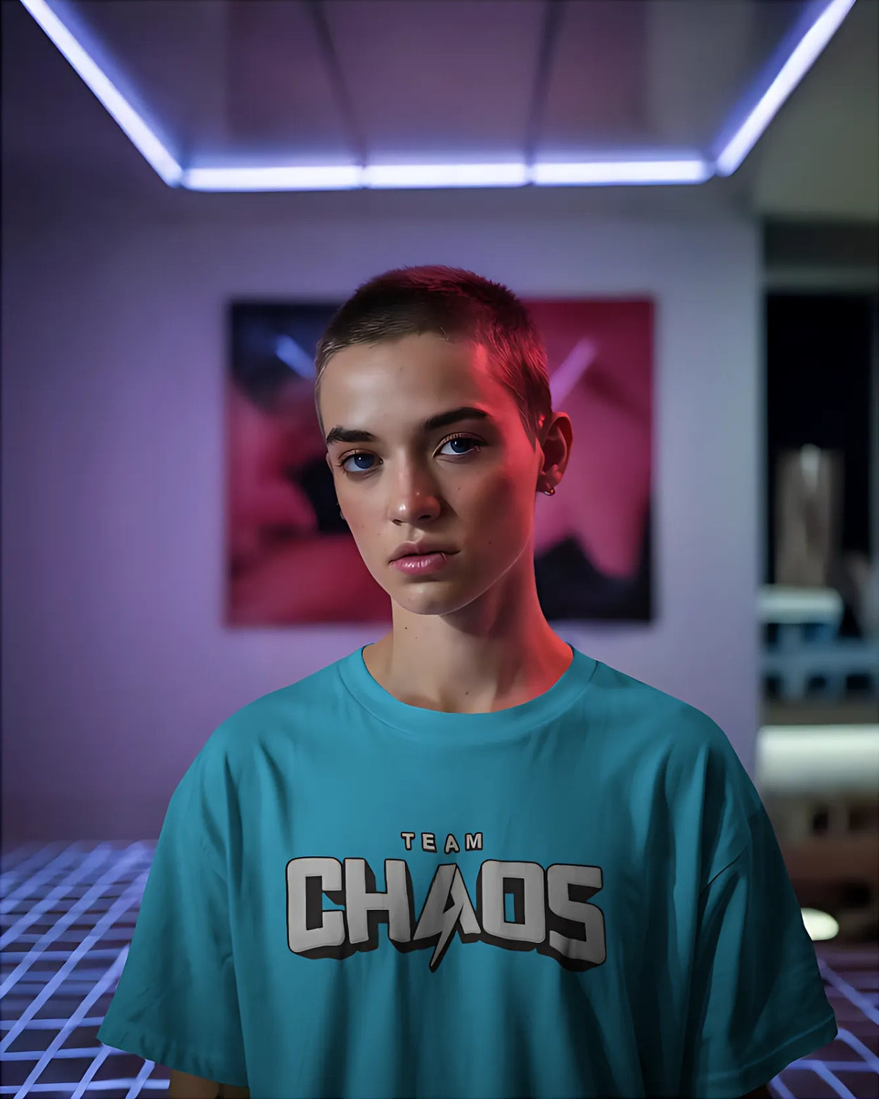 Front close-up of Team Chaos graphic in bold font on deep blue tee