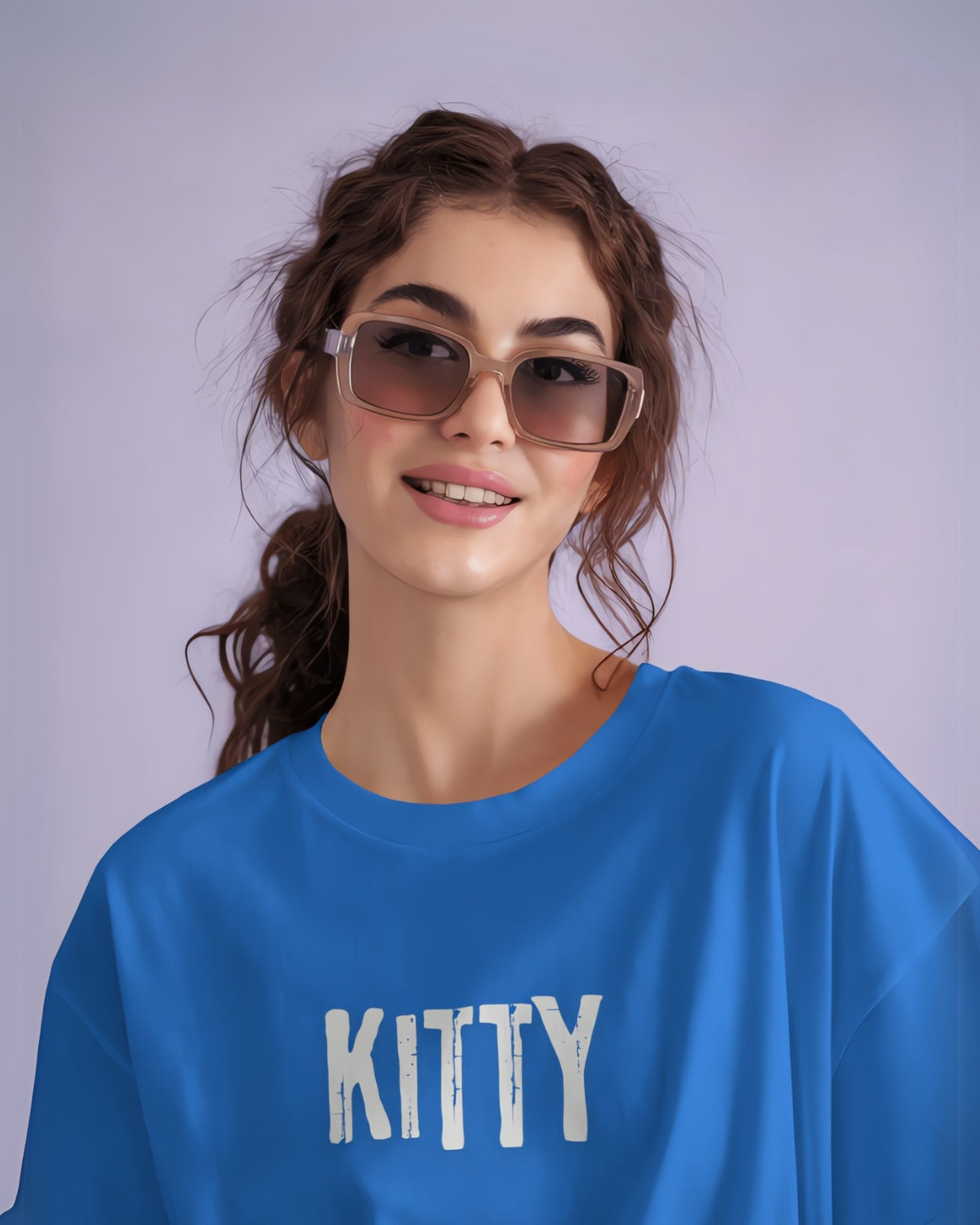 Woman's Skyblue Kitty Meoww Graphic Printed Oversized Acid Wash T-shirt