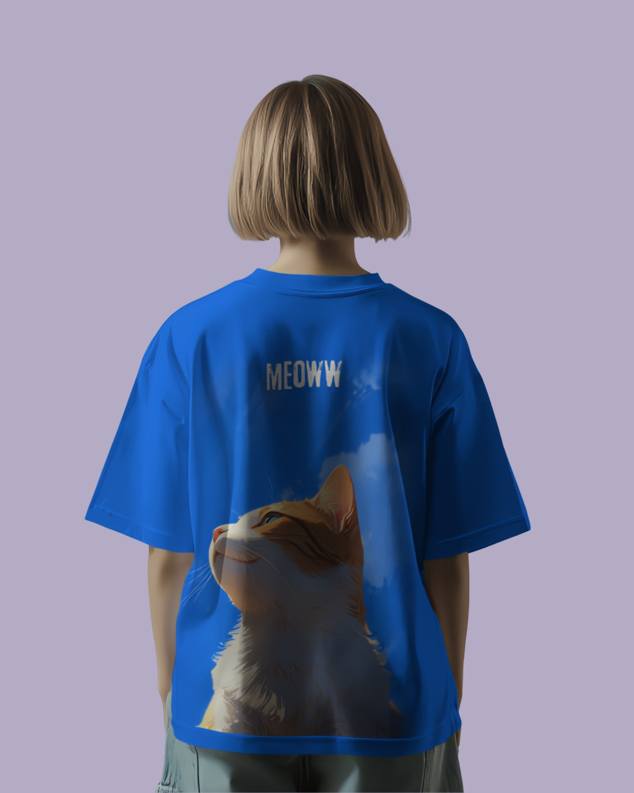 Woman's Skyblue Kitty Meoww Graphic Printed Oversized Acid Wash T-shirt
