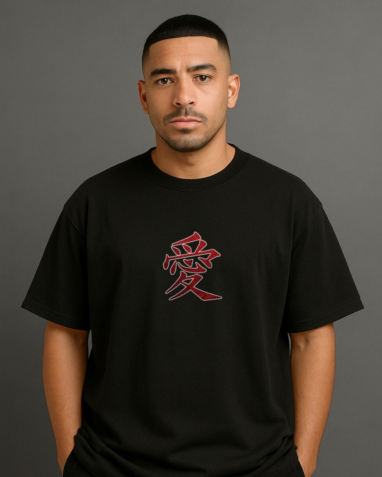 Men's Black Oversized T-Shirt with Bold Japanese Text Graphic