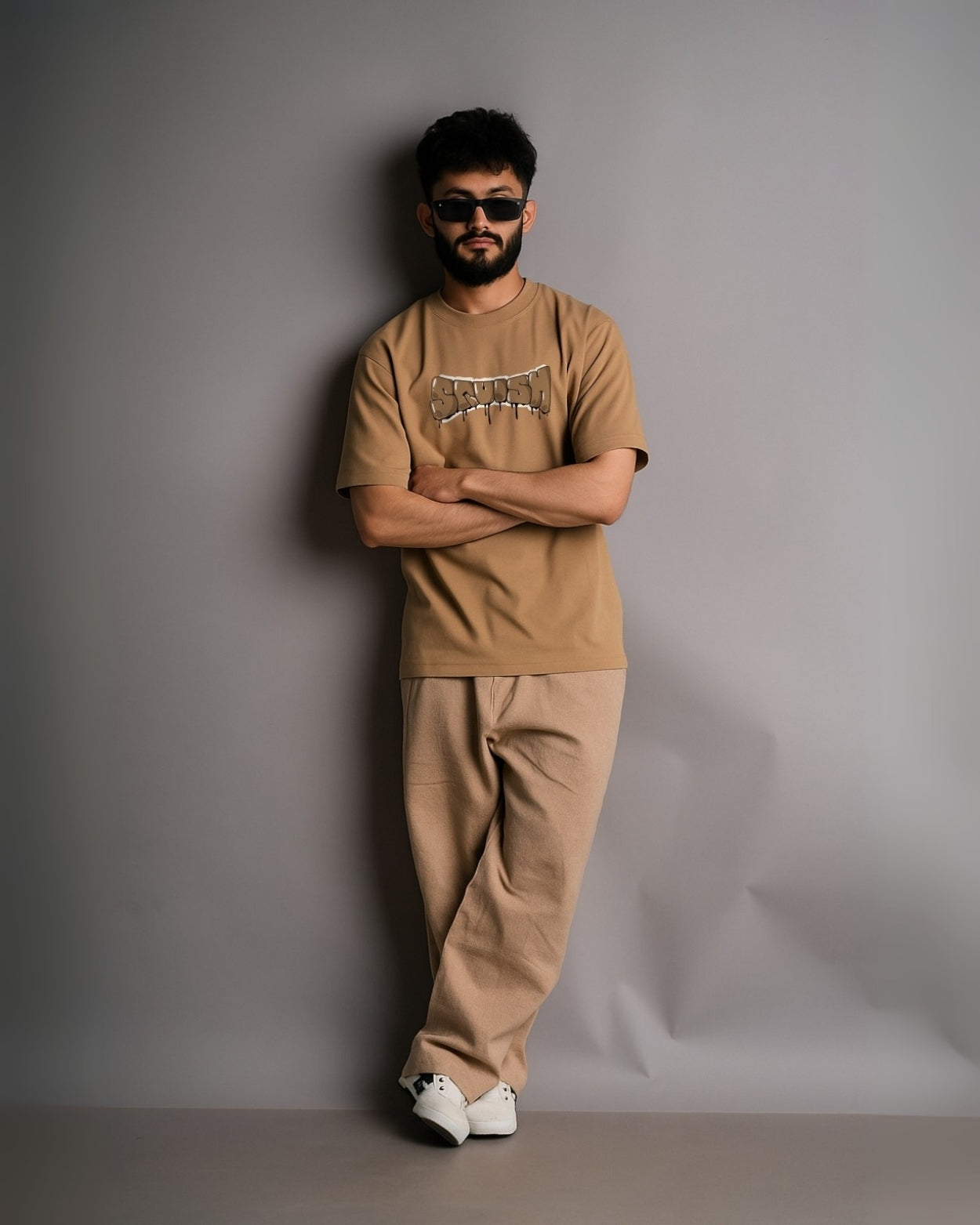 Men's Khaki Relaxed Fit Oversized T-Shirt with Squish Graphic