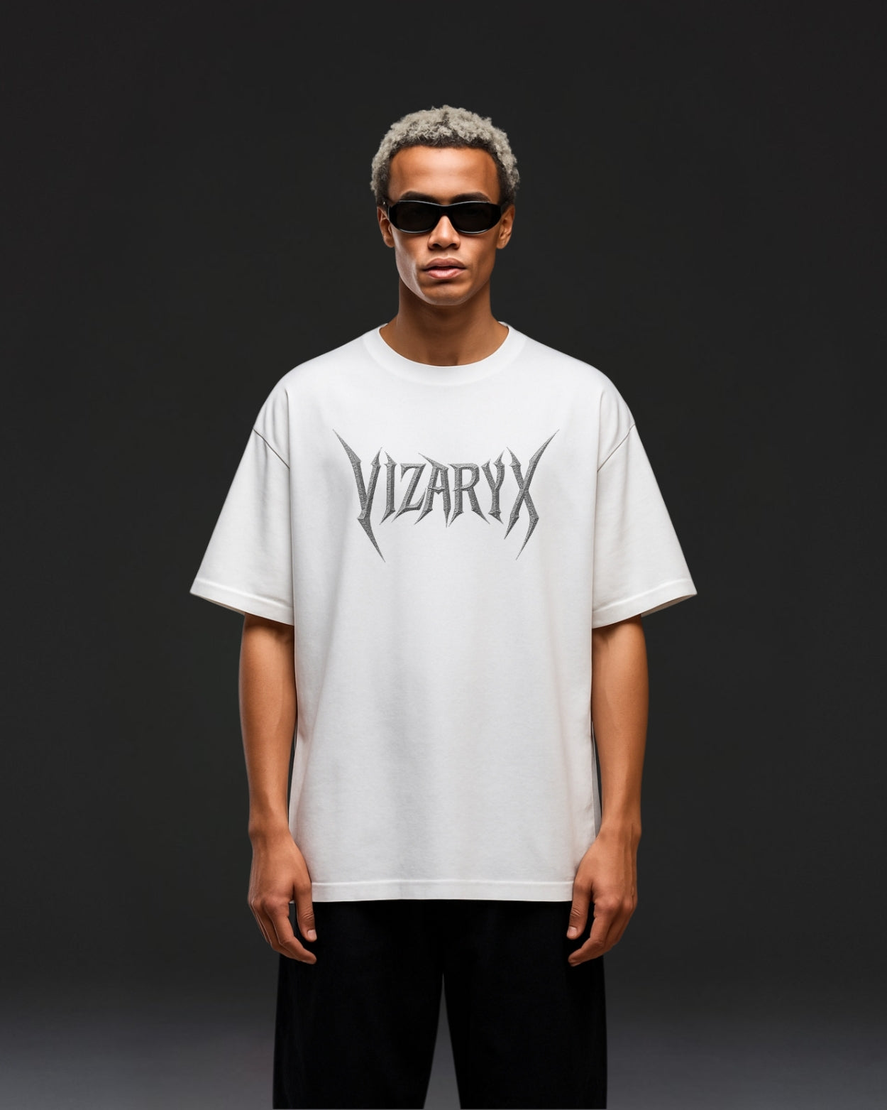 Vizaryx Signature Embroidered Tee – Relaxed Fit, Front Logo & Back Flame Design