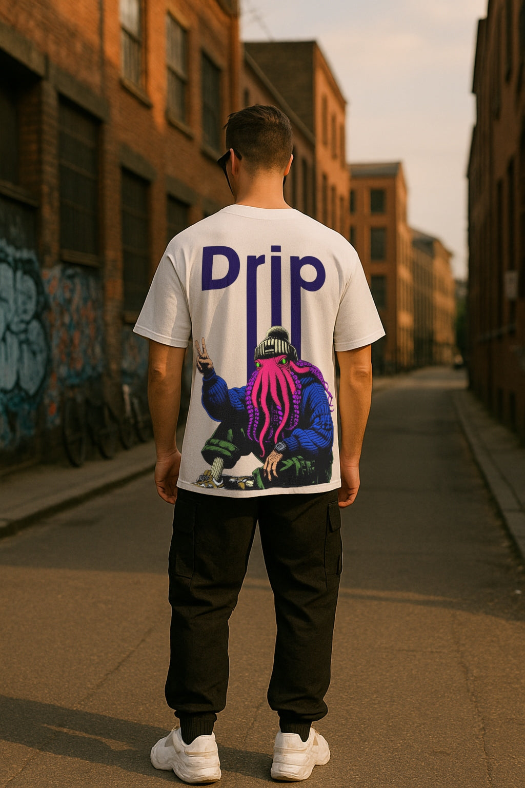 Men's White Drip Octopus Oversized Graphic Printed T-Shirt