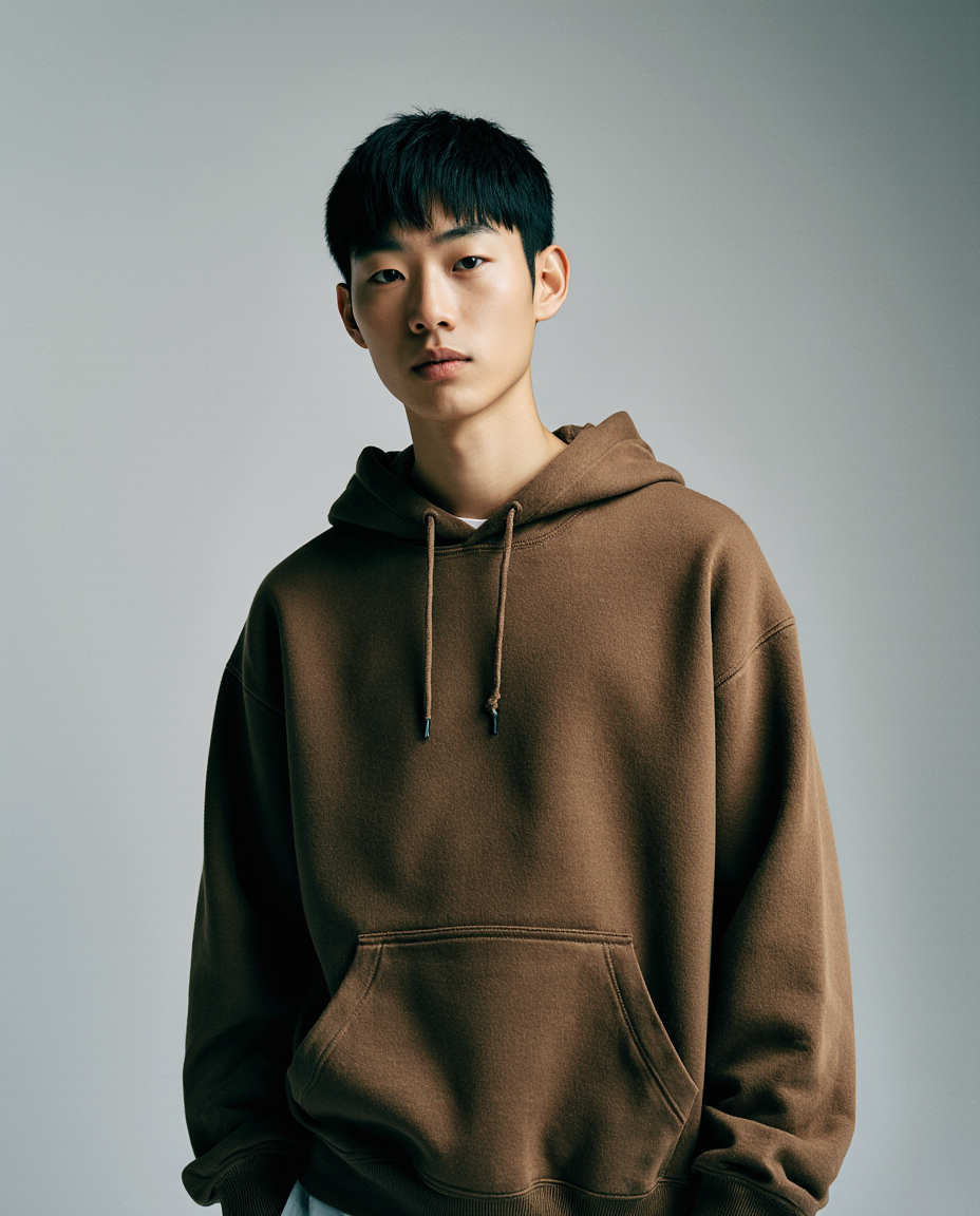 Person wearing a brown hoodie against a gray background