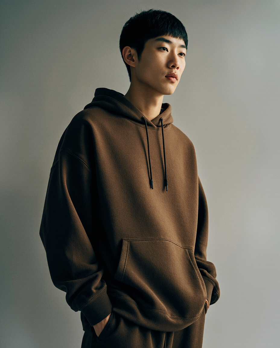 Person wearing a brown hoodie against a plain background