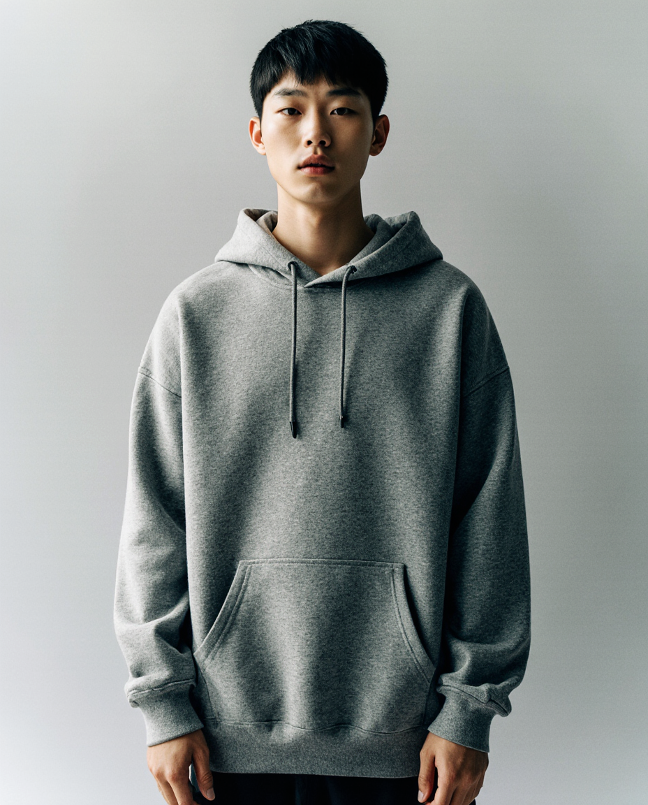 Person wearing a gray hoodie against a plain background