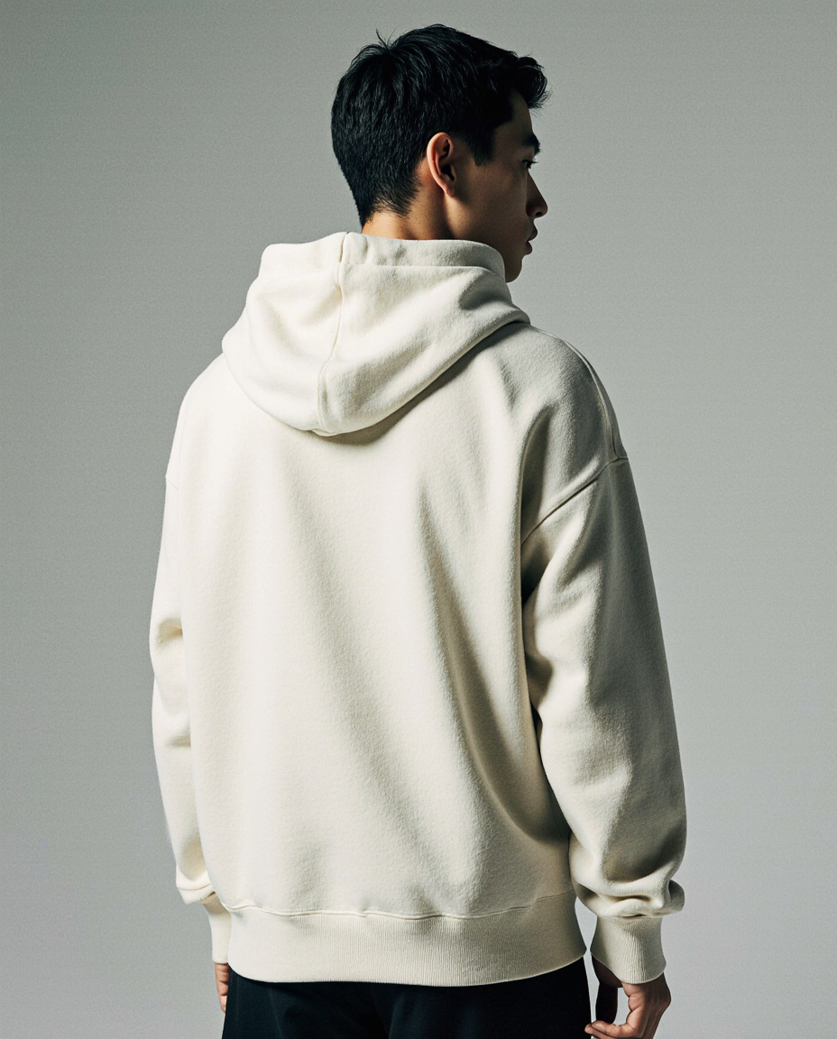 Person wearing a beige hoodie from behind on a plain background