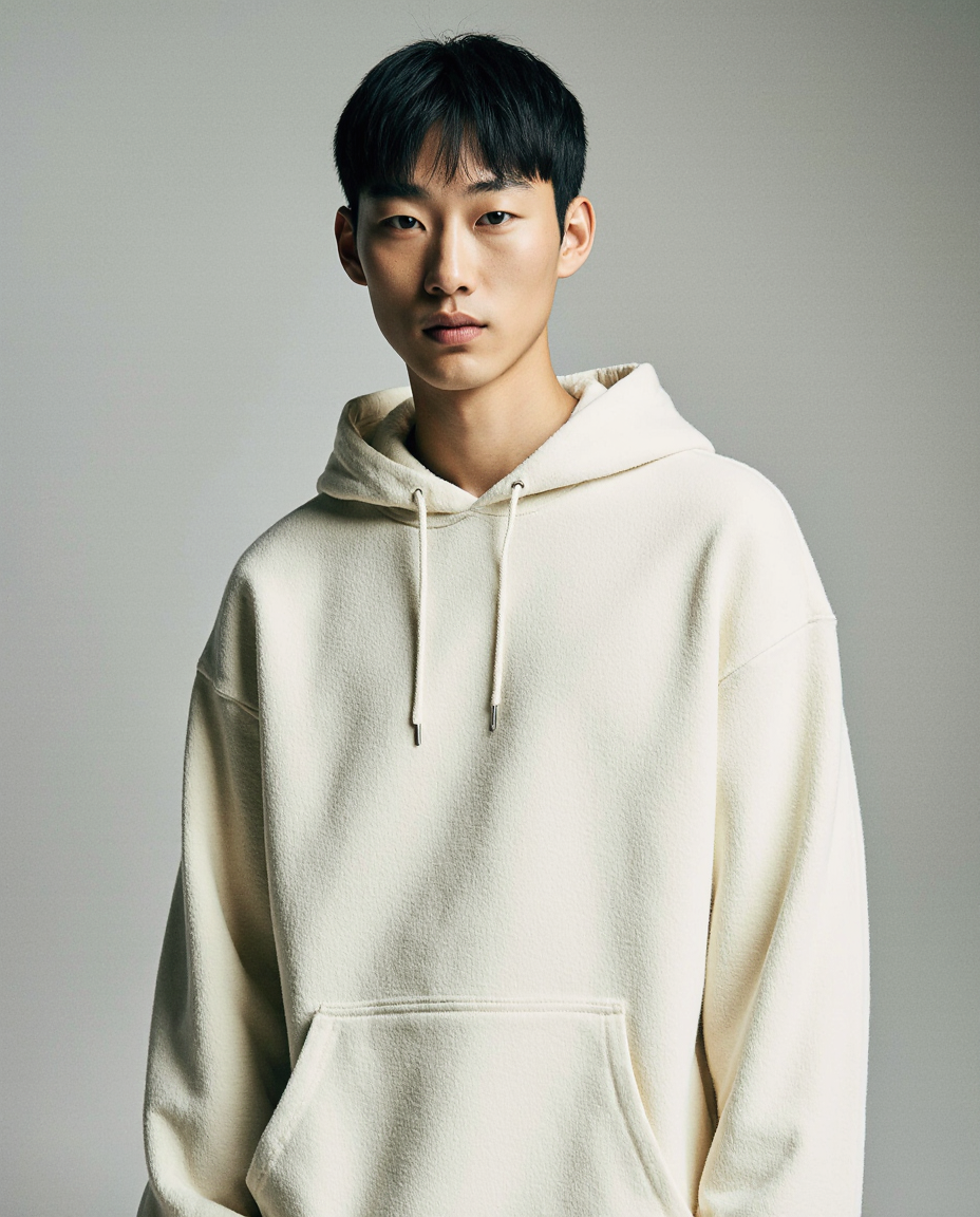 Person wearing a beige hoodie against a plain background