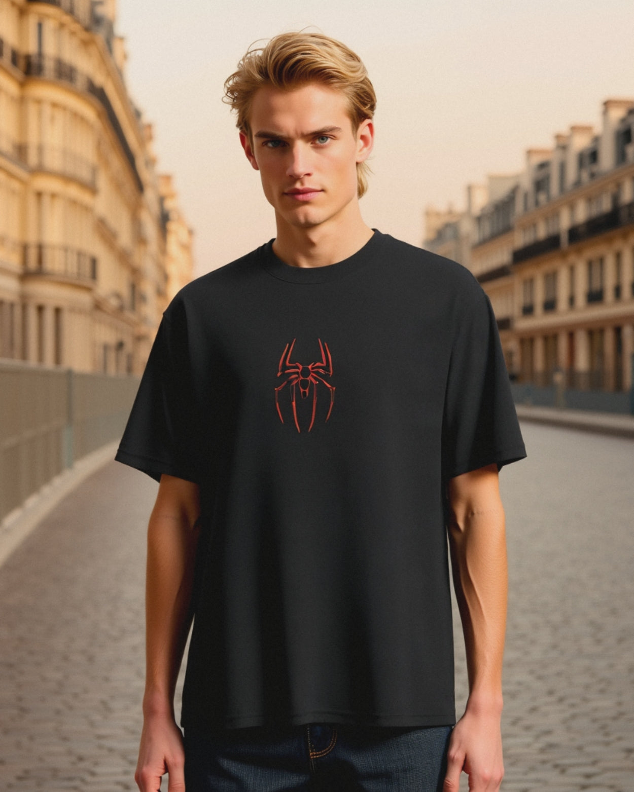 Men's Black Spider Graphic Printed Oversized T-Shirt