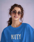 Woman's Skyblue Kitty Meoww Graphic Printed Oversized Acid Wash T-shirt