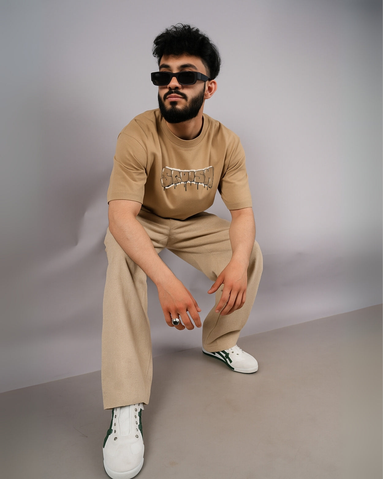 Men's Khaki Relaxed Fit Oversized T-Shirt with Squish Graphic