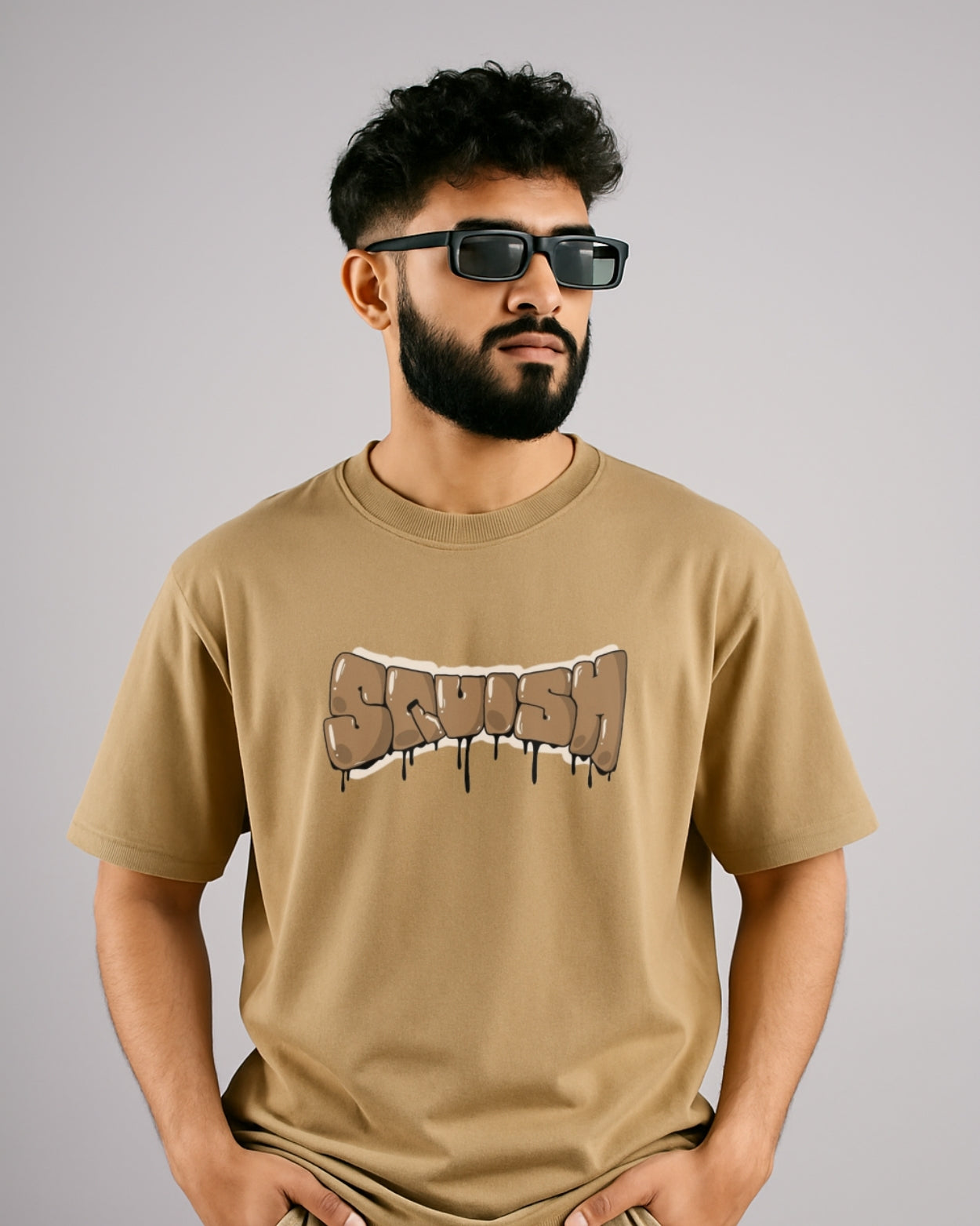 Men's Khaki Relaxed Fit Oversized T-Shirt with Squish Graphic