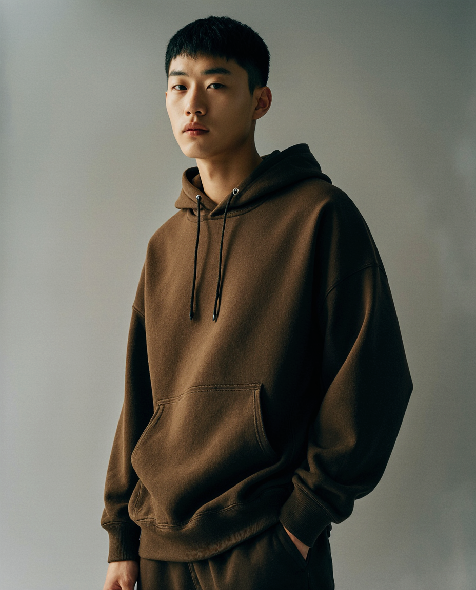 Man wearing a brown hoodie against a plain background