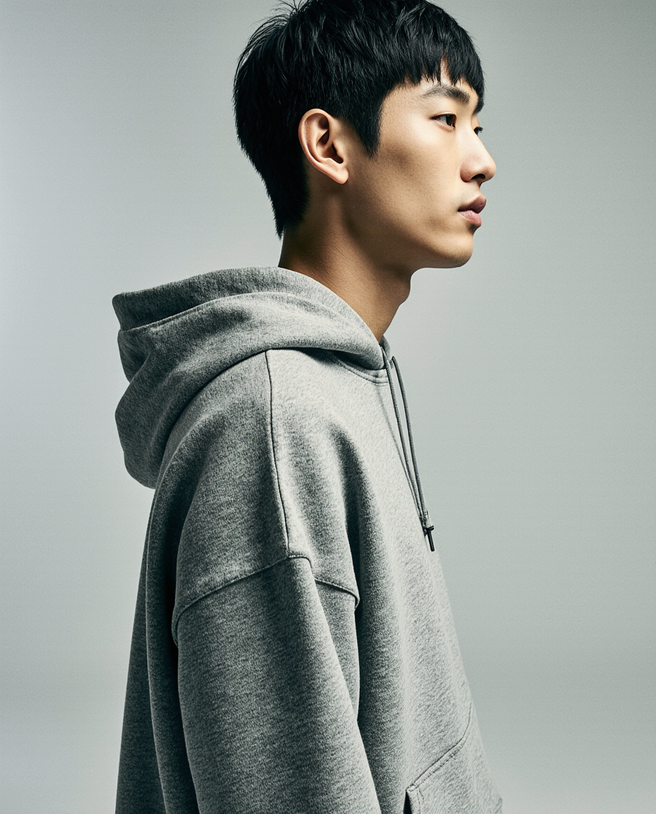 Person wearing a gray hoodie against a plain background